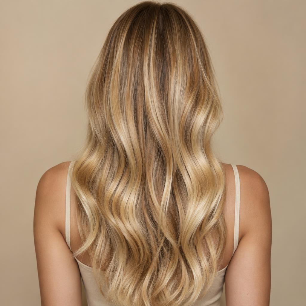 Długi, lśniący blond balayage